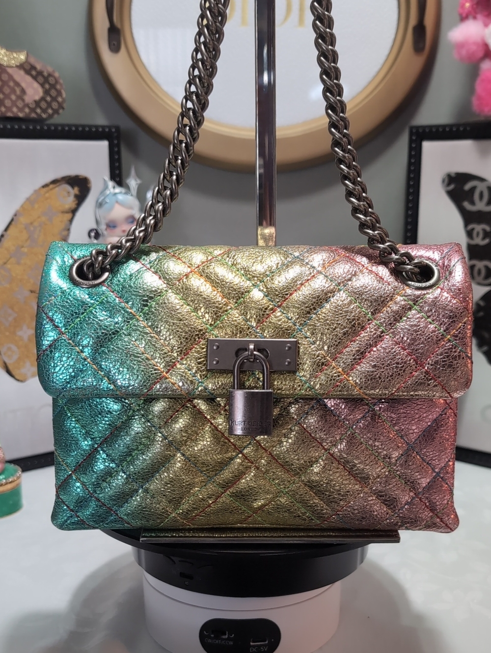 Kurt Geiger London Brixton Quilted Flap Irredecent Rainbow Leather 2way Purse 🔥